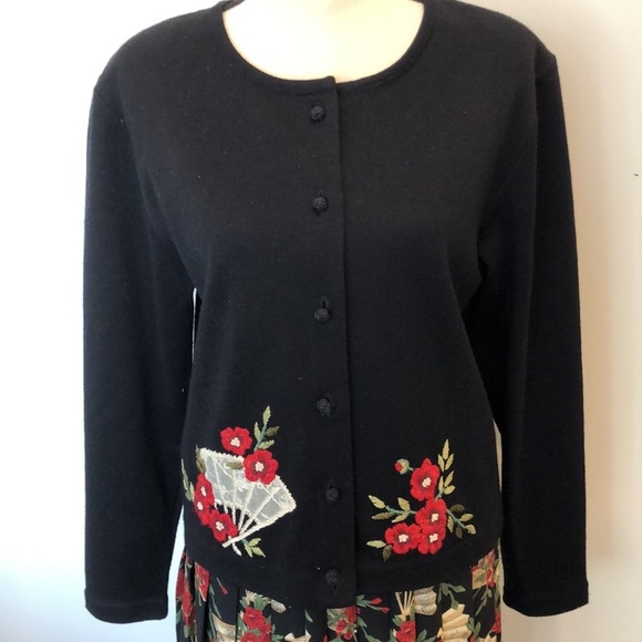 Susan Bristol VTG sweater pleated skirt set holiday  with floral red black SZ 10 - Picture 2 of 16